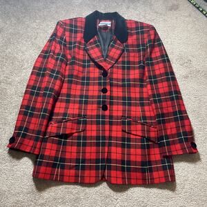 Pendleton Vintage Women’s 10 100% Virgin Wool Red Blazer Velvet Collar Plaid